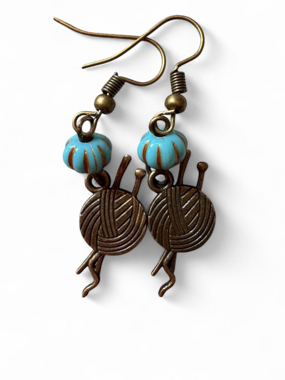 Handmade Antique Bronze Yarn Ball & Knitting Needles Dangle Earrings
